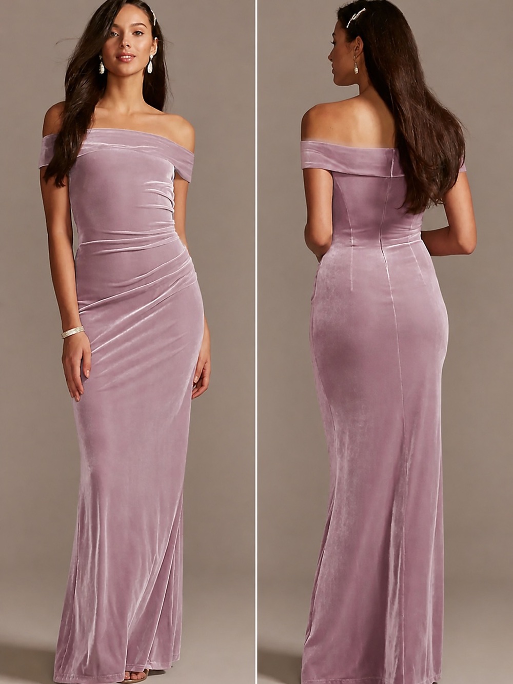 Off-Shoulder Velvet Evening Gown/Bridesmaids in Dusty Rose